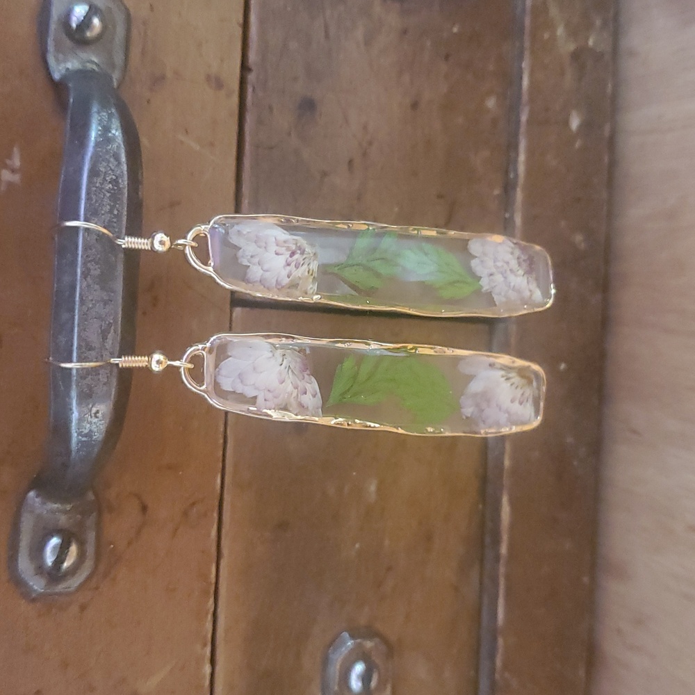Long Rectangle Handmade Resin Pressed Flower Earrings DD